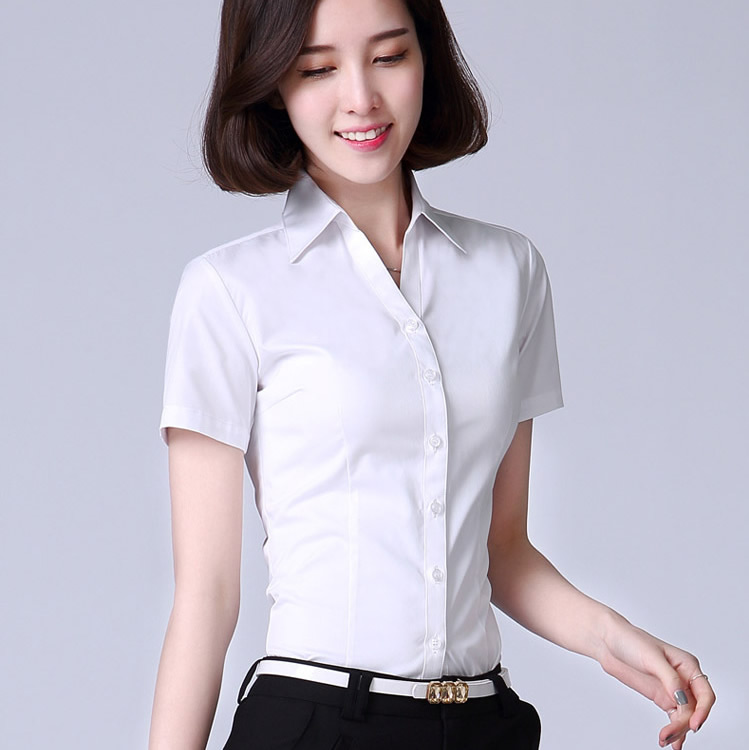 白色女衬衣短袖V领工作服棉显瘦职业正装半袖
