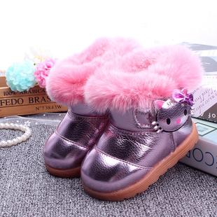 2016冬季新款韩版女童短靴儿童棉靴真兔毛儿