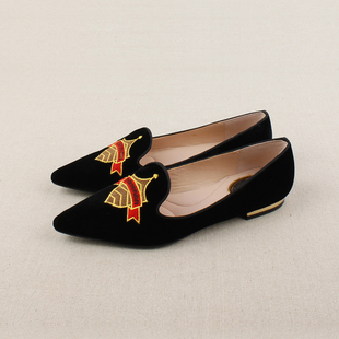 2016秋冬粉红平底单鞋女绸缎水钻尖头平跟浅