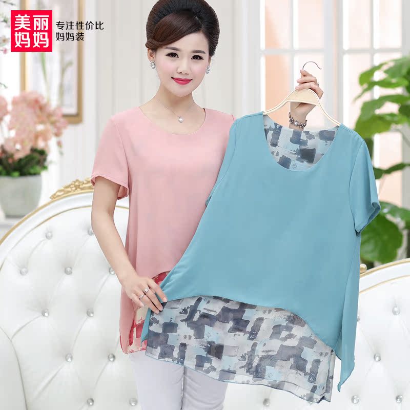 妈妈装夏装宽松T恤中老年假两件上衣中年雪纺