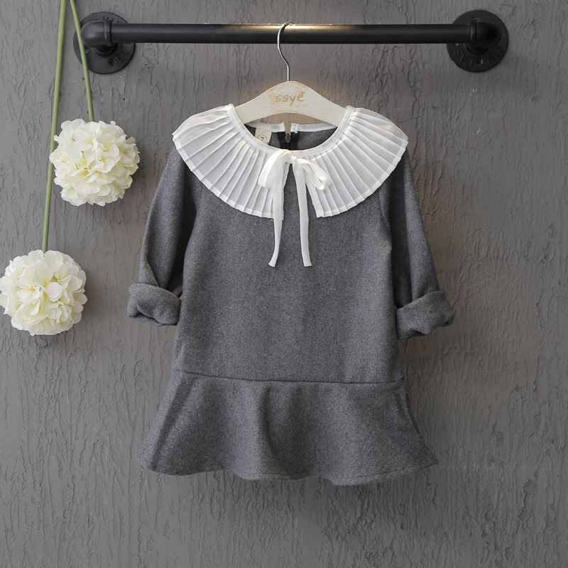 新款女童褶皱荷叶边领学院风连衣裙宝宝百搭裙