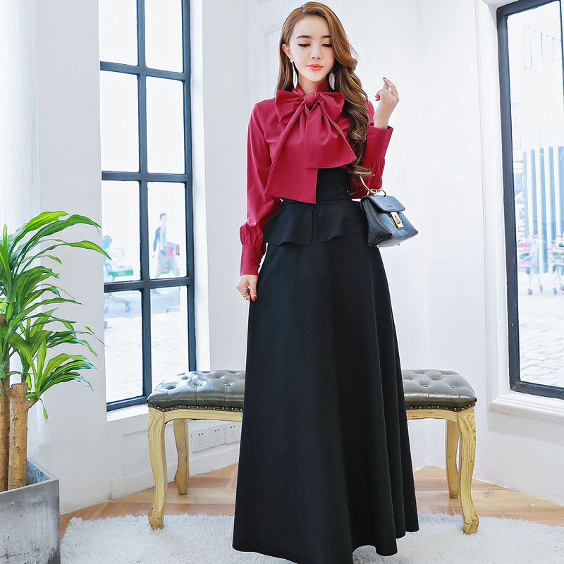 荷叶边高腰毛呢半身长裙两件套2016秋冬新款