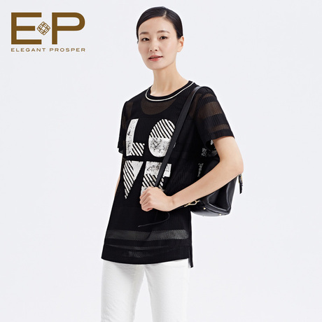 ep雅莹女装2016夏季新款专柜正品字母印花圆领镂空t恤衫5305a