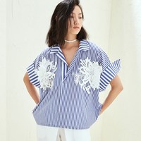 有瘾iFashion夏季新款甜美休闲条纹立体蕾丝花宽松女装短袖衬衫