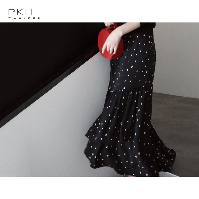 半身长裙子 PKH 春夏新品 温柔又时髦的波点高腰长裙 不规则层叠半身裙HKUR_推荐淘宝好看的半身长裙