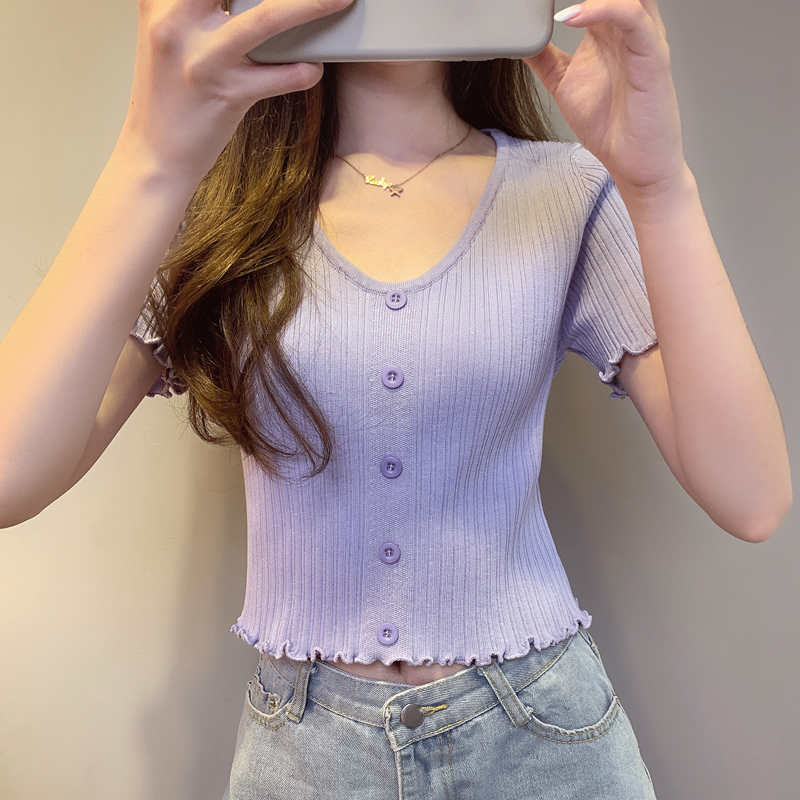 紫色针织衫 短袖女2022年新款夏紫色露脐薄款纯色针织衫韩版女装冰丝T恤上衣_推荐淘宝好看的紫色针织衫