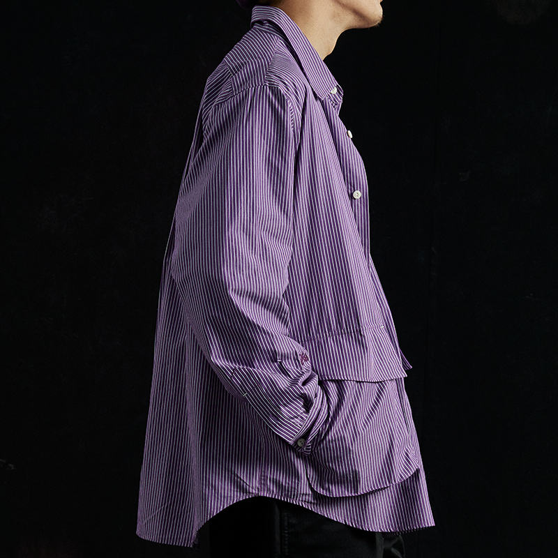 紫色衬衫 SUPERTOFU(SPTF)SS22新品 经典P-44工装口袋 紫色宽松条纹衬衫_推荐淘宝好看的紫色衬衫