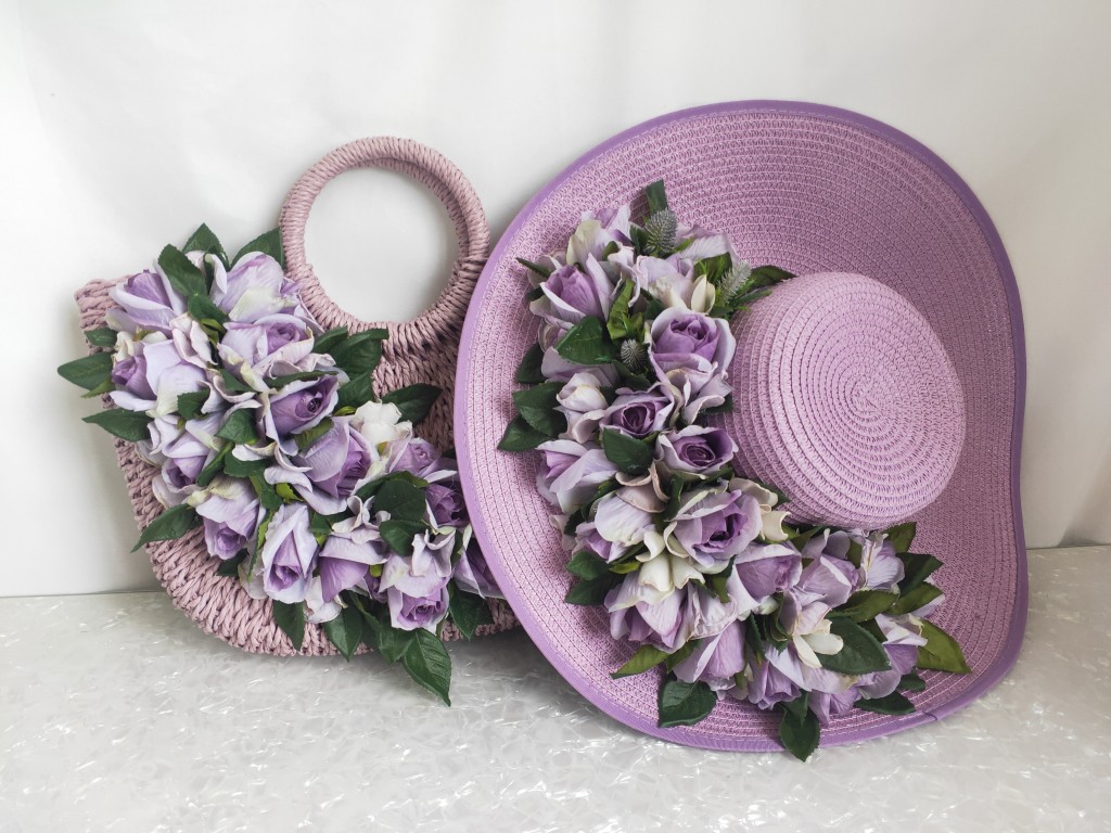 紫色草编包 草包手提包草帽花朵套装淡紫色玫瑰女春夏度假防晒造型帽_推荐淘宝好看的紫色草编包