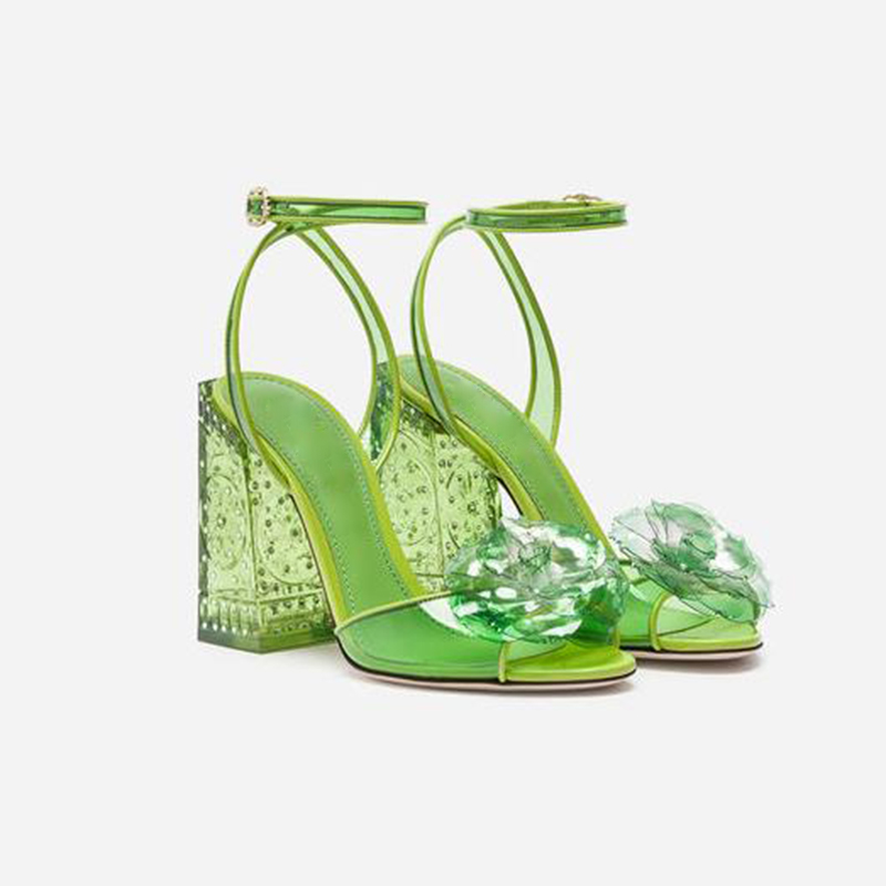 绿色凉鞋 包邮夏新季款绿色水晶透明水钻跟一字扣中空高跟凉鞋粉色花朵凉鞋_推荐淘宝好看的绿色凉鞋