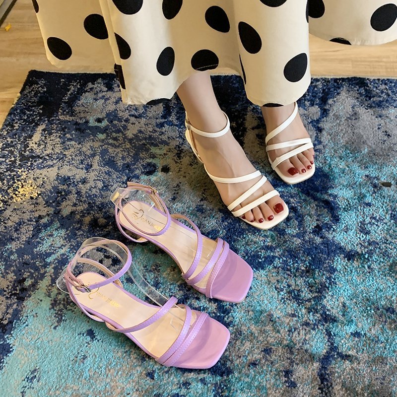 紫色凉鞋 2021新款皮一字带细跟凉鞋女仙女风简约细带露趾方头紫色高跟鞋_推荐淘宝好看的紫色凉鞋