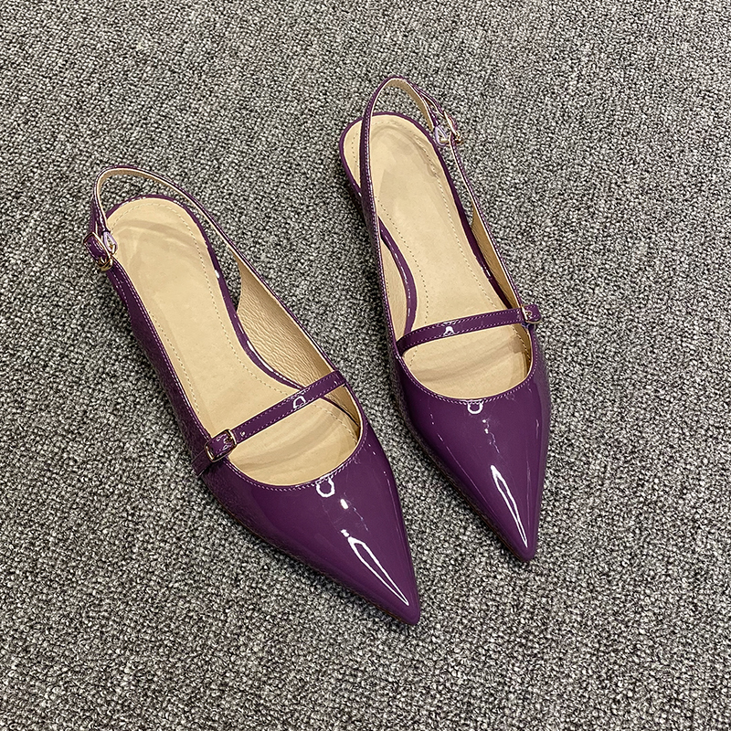 紫色单鞋 包头单鞋2022年新款时尚浅口紫色漆皮玛丽珍鞋尖头后空平底凉鞋女_推荐淘宝好看的紫色单鞋