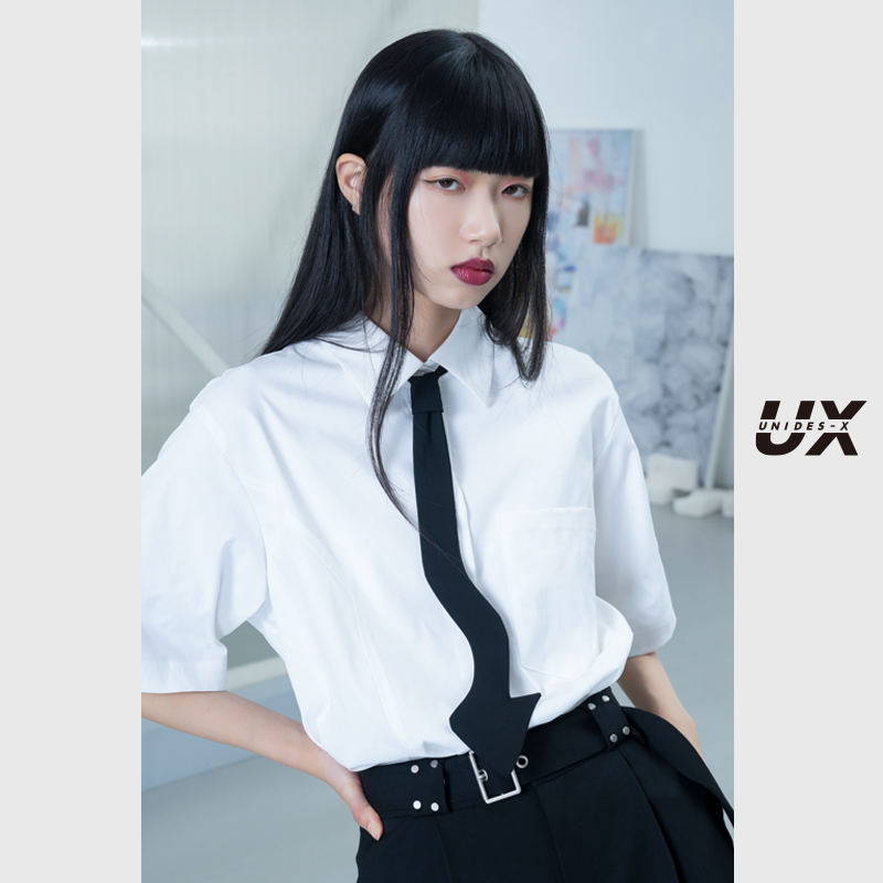 短袖衬衣 UX2022夏季新款女装白色纯棉领带短袖衬衫高级设计感气质时尚ins_推荐淘宝好看的女短袖衬衣