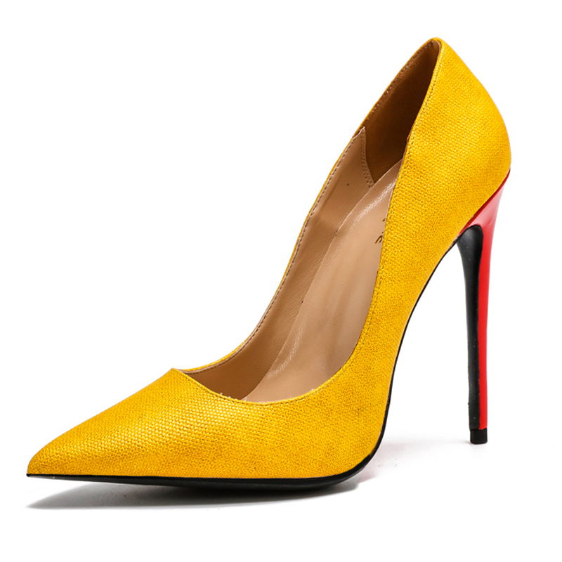 黄色高跟鞋 2021新款时尚尖头浅口黄色细高跟1012CM特殐材质大码42-45情侣鞋_推荐淘宝好看的黄色高跟鞋