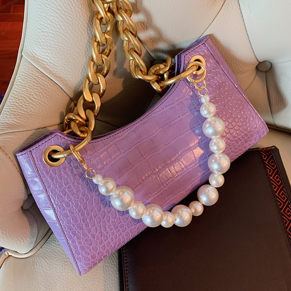 紫色手提包 LOSEA 紫色青蛙腋下法棍单肩包女包手提链条珍珠小包包2022新款潮_推荐淘宝好看的紫色手提包