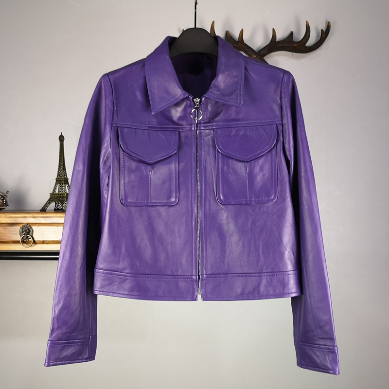 紫色皮衣 2021秋冬新款真皮皮衣短款女绵羊皮皮夹克彩色外套长袖紫色上衣潮_推荐淘宝好看的紫色皮衣