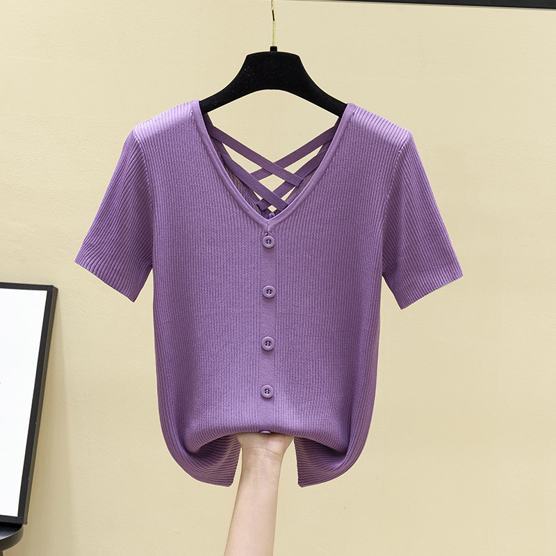 紫色针织衫 短袖t恤女2022年春夏新款针织衫冰丝打底衫女内搭v领修身紫色上衣_推荐淘宝好看的紫色针织衫