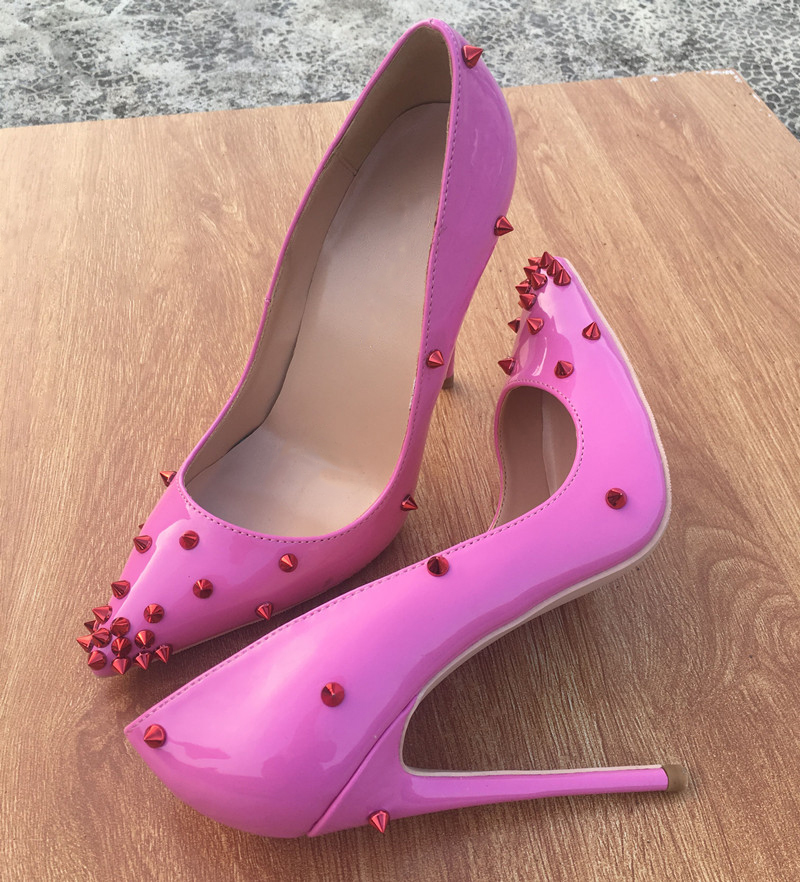 粉红色尖头鞋 欧美新款粉红色铆钉高跟鞋尖头细跟性感浅口单鞋宴会女鞋_推荐淘宝好看的粉红色尖头鞋