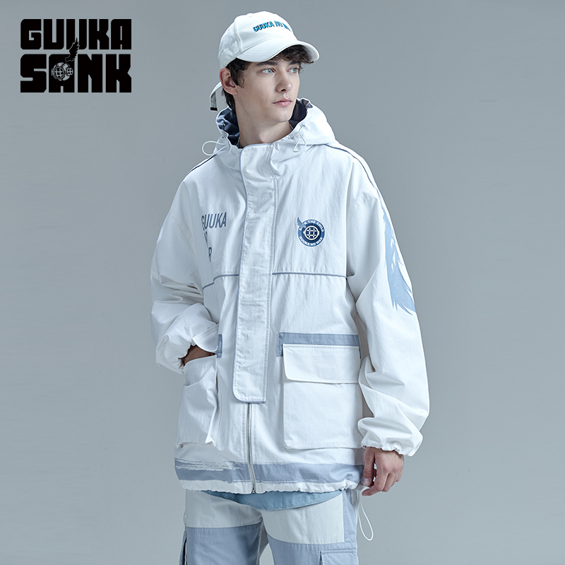 白色风衣 GUUKA&SANK藏克联名白色连帽风衣男冬季嘻哈运动多袋工装外套宽松_推荐淘宝好看的白色风衣