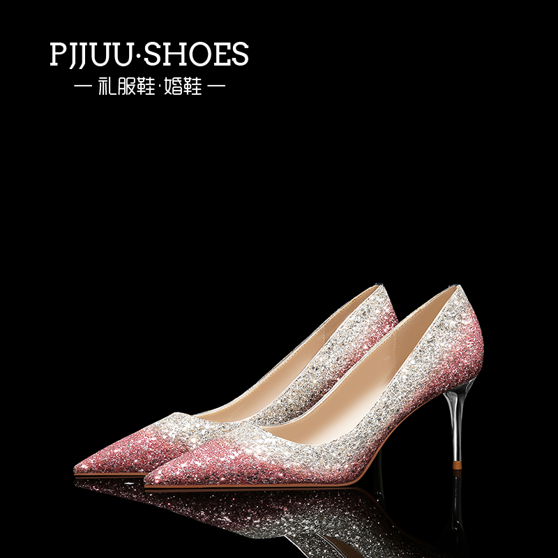粉红色单鞋 pjjuu女鞋 粉红色水晶高跟鞋8cm细跟单鞋气质婚鞋配婚纱新娘鞋子_推荐淘宝好看的粉红色单鞋