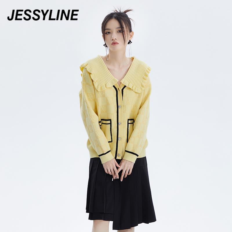 黄色针织衫 jessyline2022秋季专柜新品 杰茜莱黄色娃娃领针织开衫 234204171_推荐淘宝好看的黄色针织衫