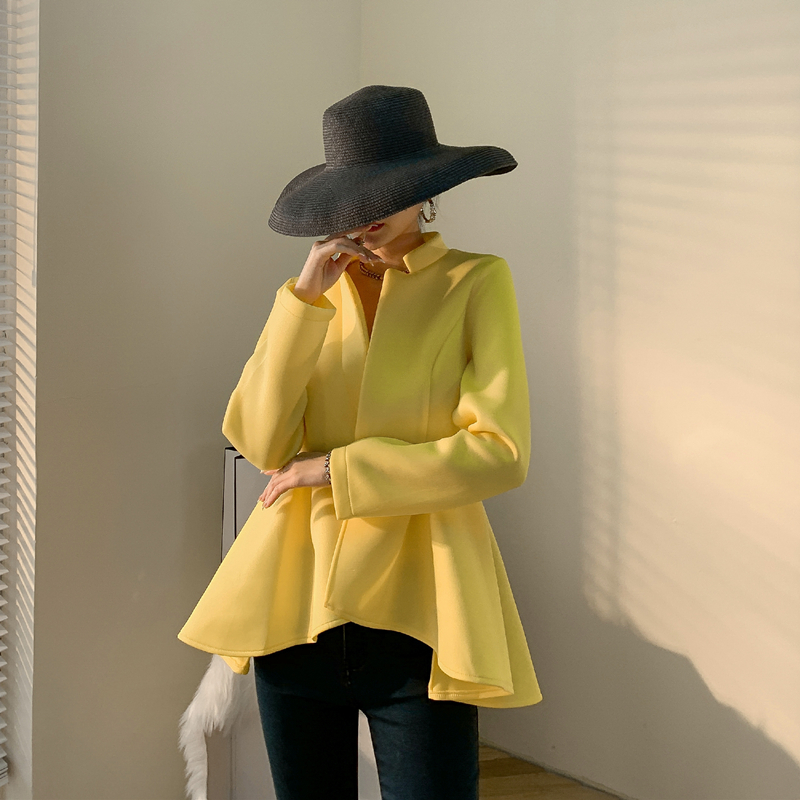 黄色小西装 设计感立领收腰亮黄色小西装外套女2021春新款小众立体荷叶边上衣_推荐淘宝好看的黄色小西装