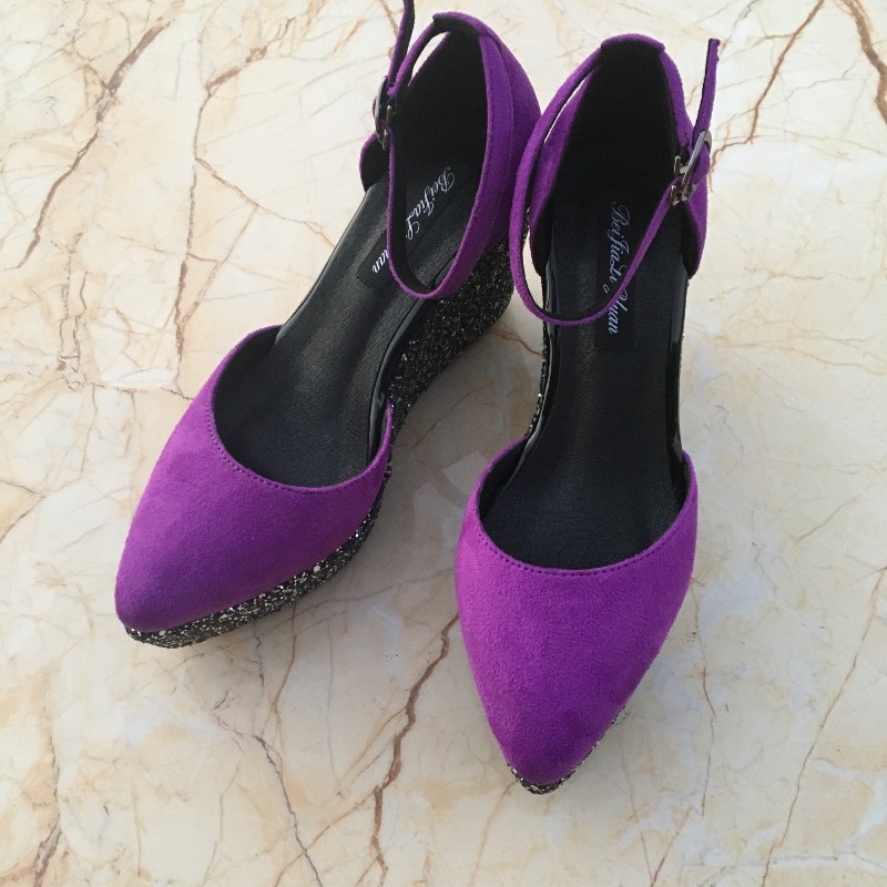 紫色松糕鞋 2020松糕厚底尖头包头紫色女鞋绒面亮片跟_推荐淘宝好看的紫色松糕鞋