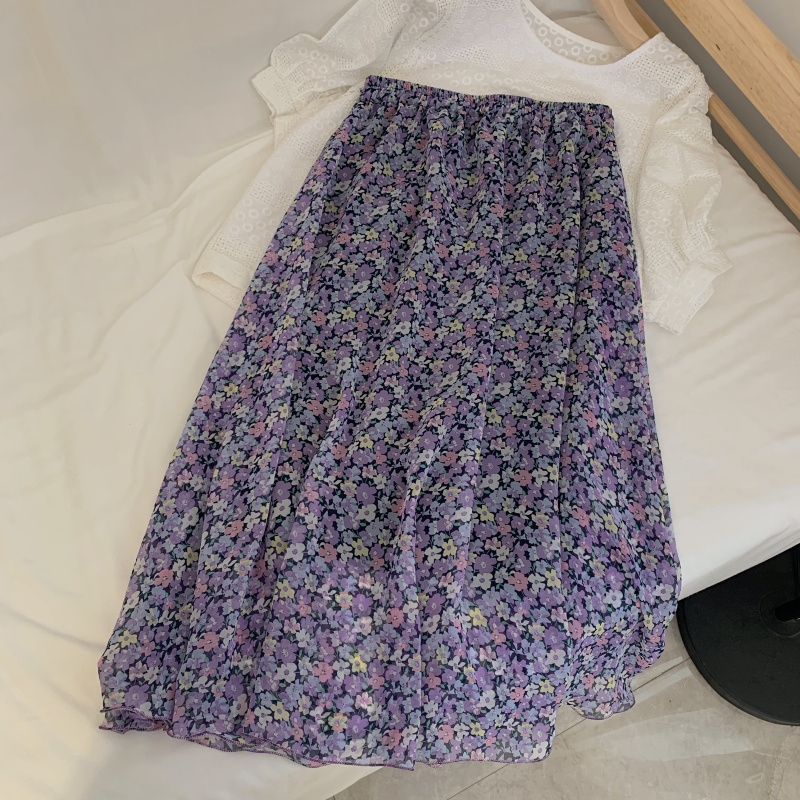 紫色半身裙 铺满紫色小花自制2021夏新款高档雪纺小碎花中长款A字半身裙显瘦_推荐淘宝好看的紫色半身裙