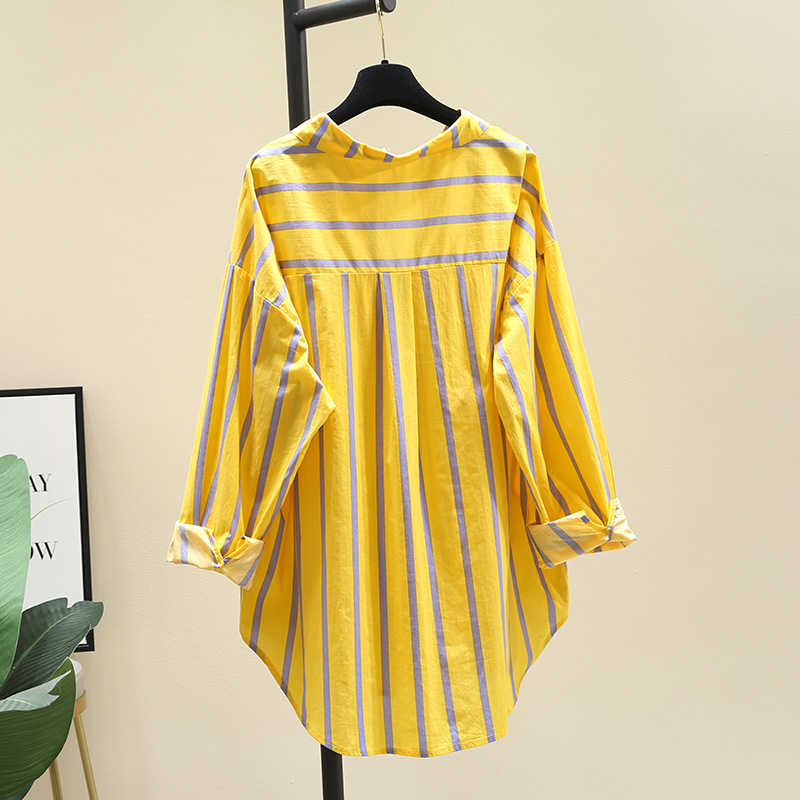 黄色衬衫 黄色条纹衬衫女2022秋季新款韩版蝙蝠袖中长款衬衣设计感上衣外套_推荐淘宝好看的黄色衬衫