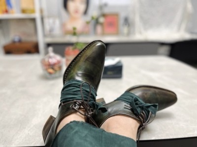 绿色尖头鞋 手工擦色中跟尖头系带单鞋墨绿色双色效果chere_推荐淘宝好看的绿色尖头鞋
