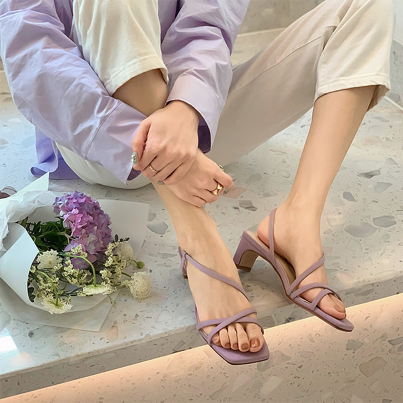 紫色罗马鞋 后空绊带凉鞋仙女风2022年夏季新款粗高跟温柔紫色一字带露趾罗马_推荐淘宝好看的紫色罗马鞋