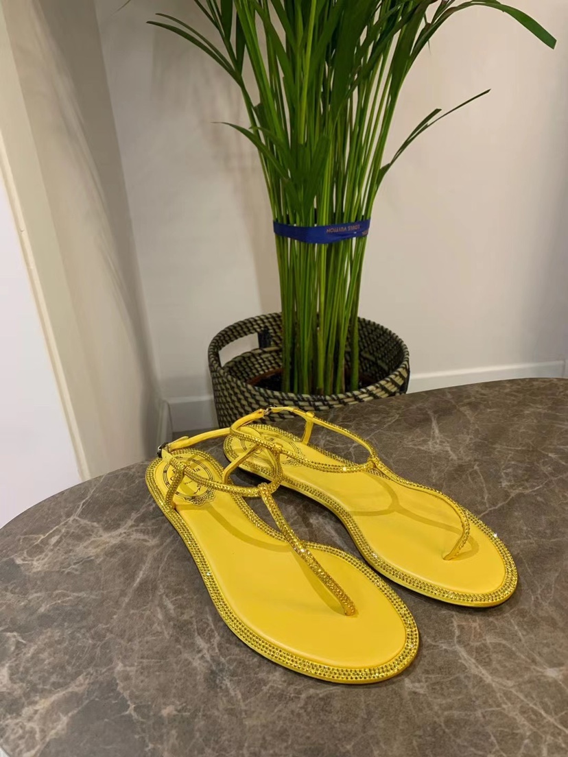 黄色凉鞋 RENE CAOVILLA 正品RC水钻环绕装饰女士夏季夹趾凉鞋 黄色_推荐淘宝好看的黄色凉鞋