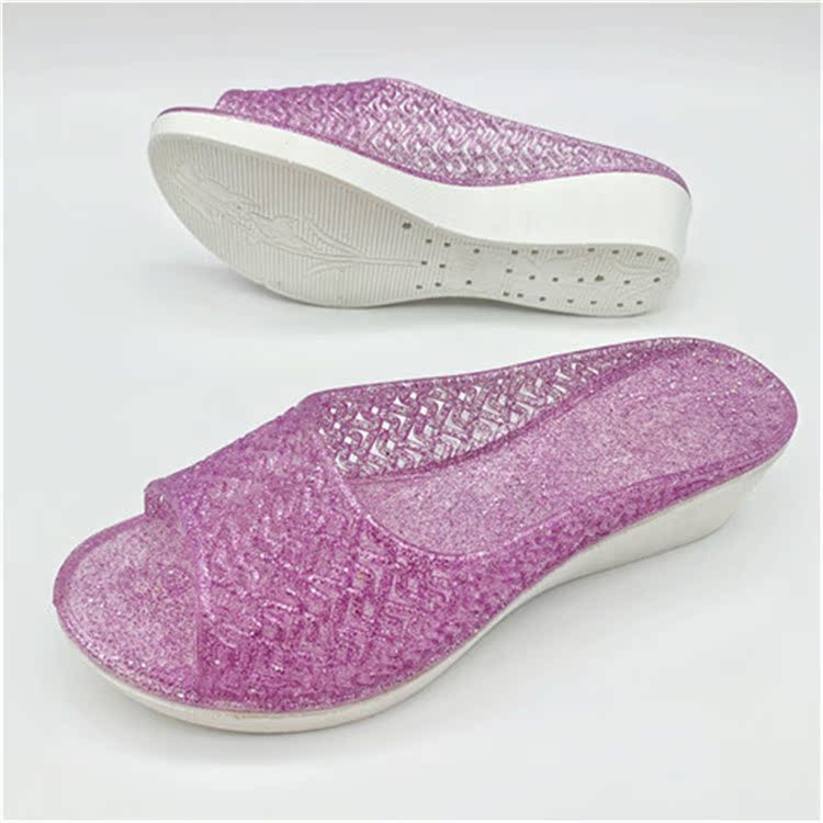 紫色坡跟鞋 2022年紫色水晶鞋闪色个性潮流软底防滑坡跟夏天高跟厚底半包女鞋_推荐淘宝好看的紫色坡跟鞋