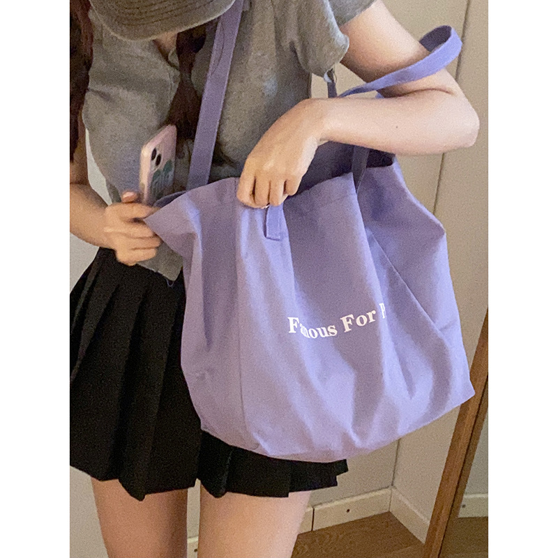 紫色帆布包 字母单肩帆布包包女学生简约潮时尚紫色托特包百搭大容量购物袋包_推荐淘宝好看的紫色帆布包