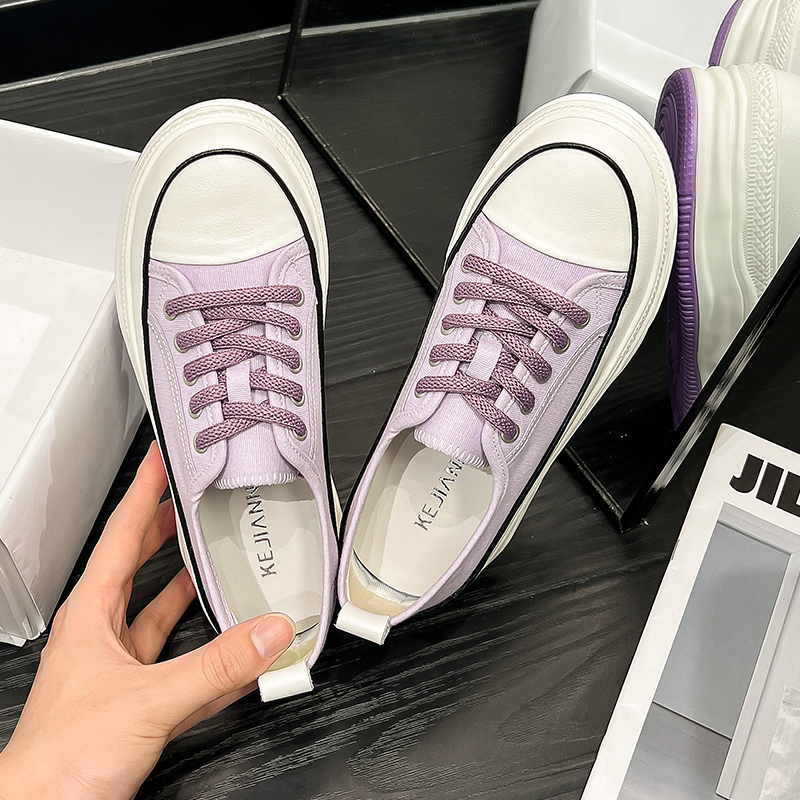 紫色单鞋 紫色帆布鞋厚底2022年新款百搭松糕底女鞋秋季系带休闲鞋增高单鞋_推荐淘宝好看的紫色单鞋