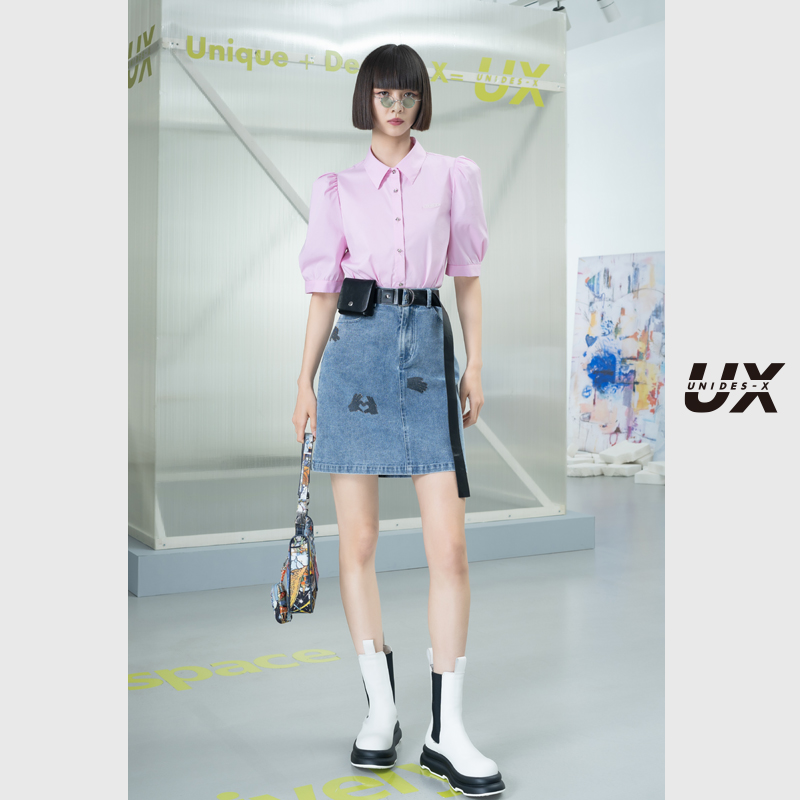短袖衬衣 UX2022夏季新款女装上衣粉色纯棉露腰短袖衬衫高级设计感气质时尚_推荐淘宝好看的女短袖衬衣