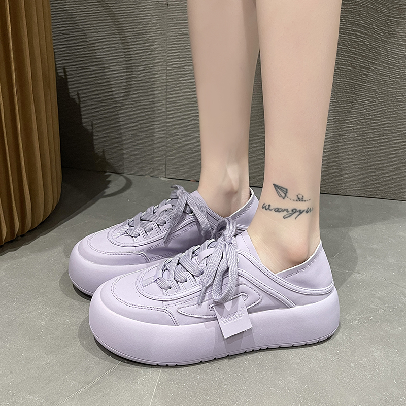 紫色松糕鞋 2022新款开春彩紫色面包鞋女松糕板鞋厚底增高时尚休闲软皮大头鞋_推荐淘宝好看的紫色松糕鞋