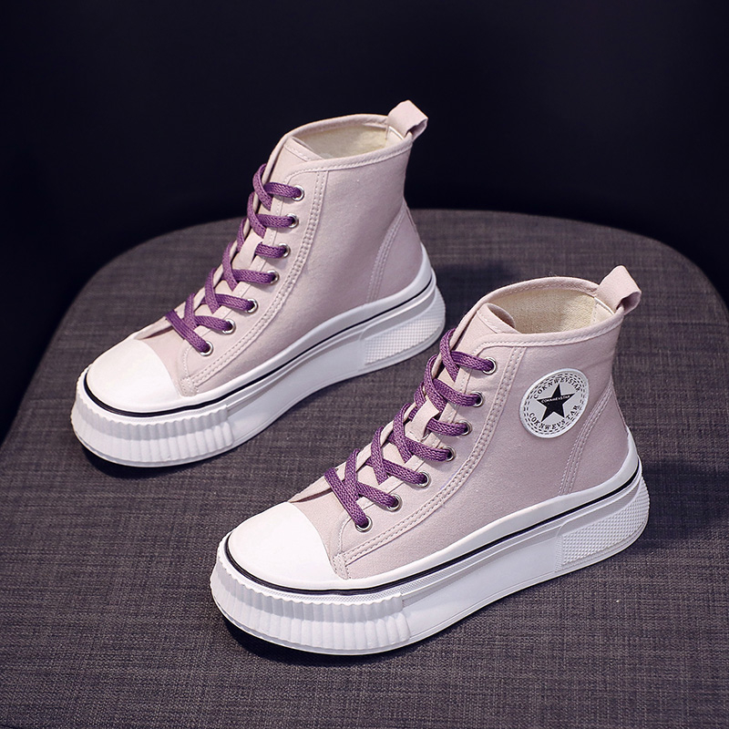 紫色松糕鞋 高帮鞋子女夏2022新款爆款网红厚底帆布鞋紫色小众松糕底小白板鞋_推荐淘宝好看的紫色松糕鞋