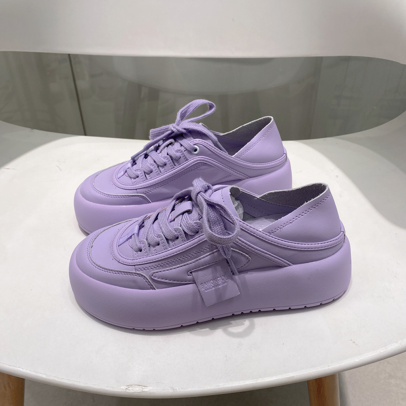 紫色松糕鞋 2022新款日系圆头真皮系带香芋紫色面包鞋松糕厚底休闲小白鞋板鞋_推荐淘宝好看的紫色松糕鞋