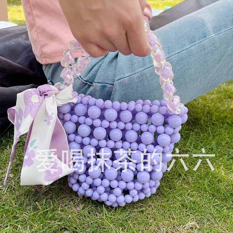 紫色水桶包 2022夏季新款时尚清新紫色diy手工编织珠串自制材料包手提水桶包_推荐淘宝好看的紫色水桶包