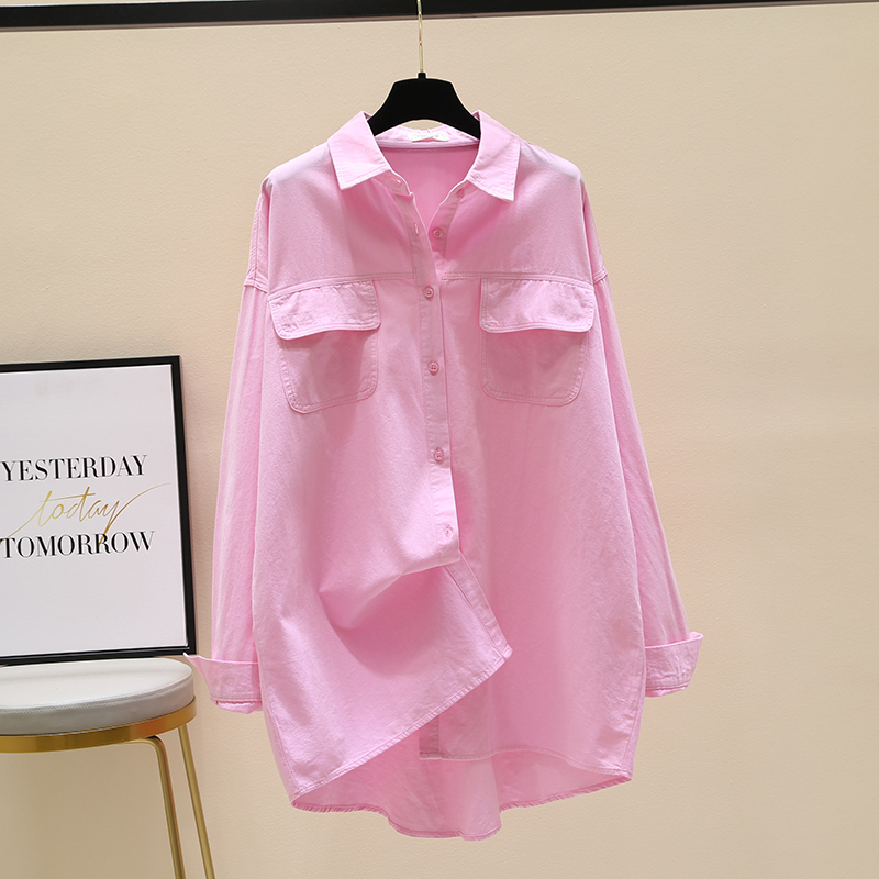 粉红色衬衫 粉红色中长款衬衫女2022春秋新款韩版设计感宽松休闲衬衣长袖上衣_推荐淘宝好看的粉红色衬衫