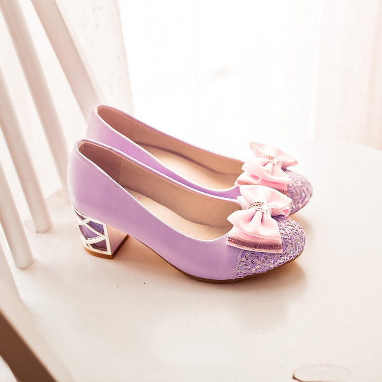 紫色高跟鞋 单根高跟鞋2015新款中跟蝴蝶结淡紫色粗跟圆头3-5cm少女鞋单鞋春_推荐淘宝好看的紫色高跟鞋