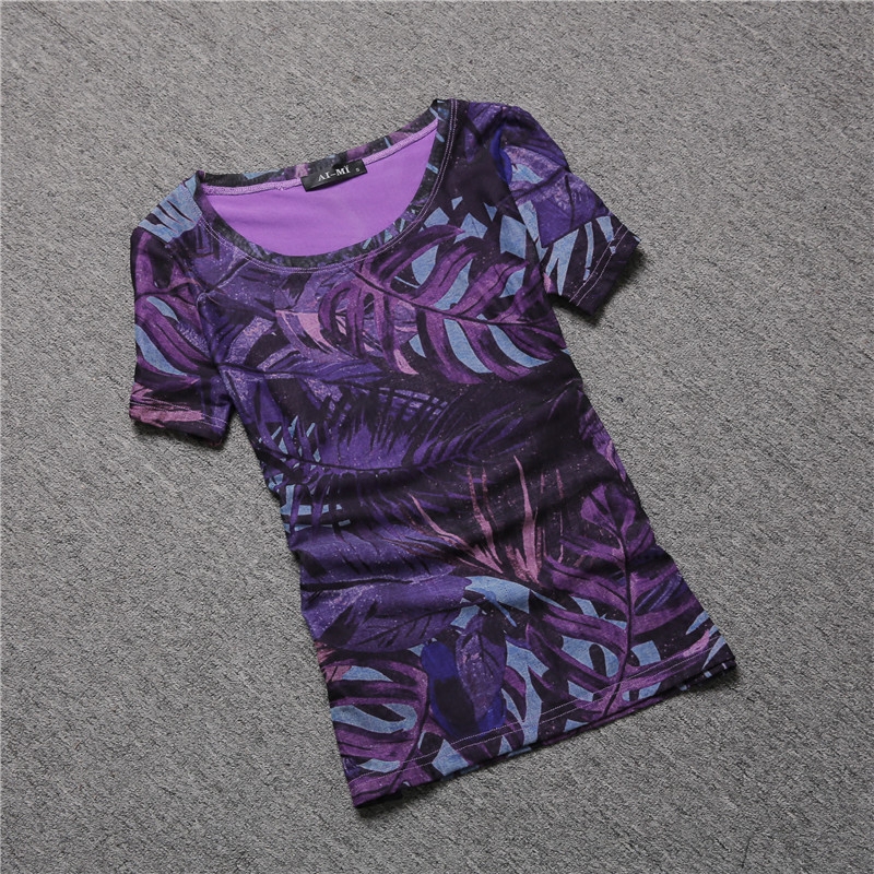 紫色T恤 欧洲站2022春夏新款短袖t恤女花色圆领网纱体恤紫色半袖大码上衣_推荐淘宝好看的紫色T恤
