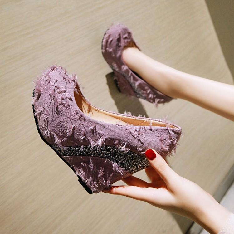 紫色坡跟鞋 时尚超高跟单鞋女坡跟厚底防水台浅口四季鞋亮片拼接平跟女鞋紫色_推荐淘宝好看的紫色坡跟鞋