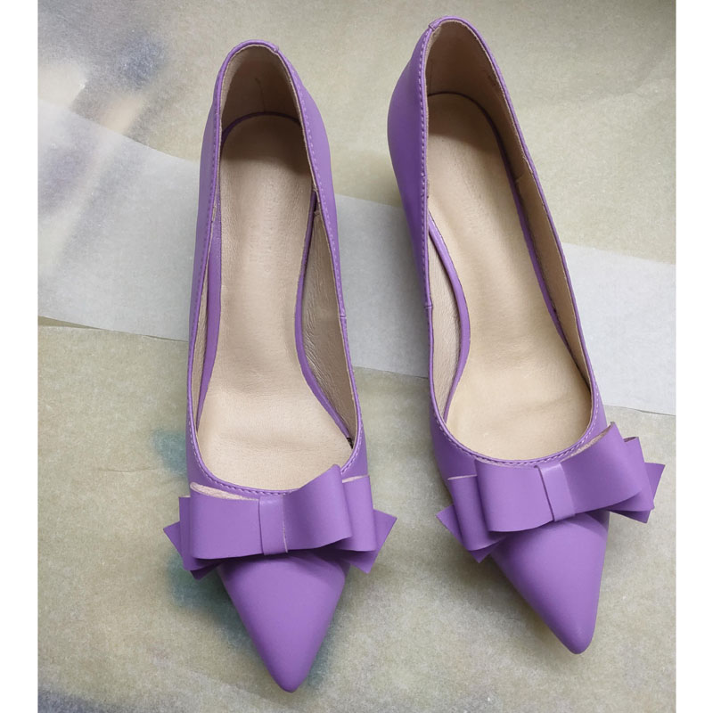 紫色单鞋 紫色浅口细跟高跟头层牛皮绿色单鞋猪皮粗跟579真皮蝴蝶结女单鞋_推荐淘宝好看的紫色单鞋
