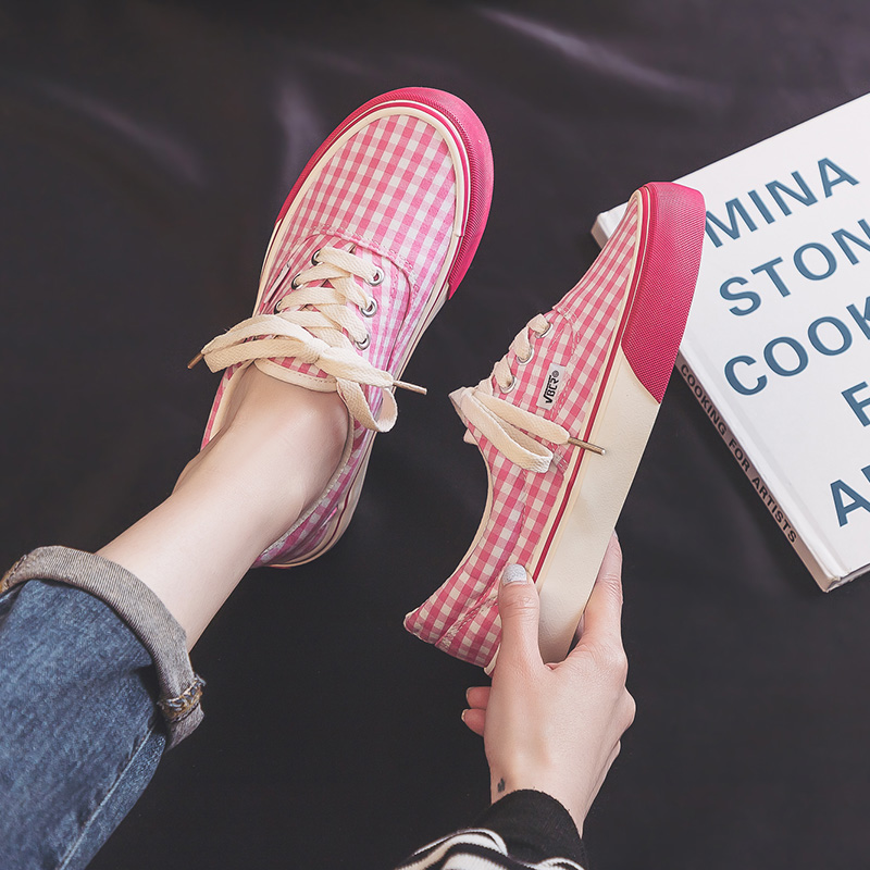 粉红色帆布鞋 2021年春季新款粉红色格子帆布鞋女日系可爱甜美少女板鞋ins布鞋_推荐淘宝好看的粉红色帆布鞋