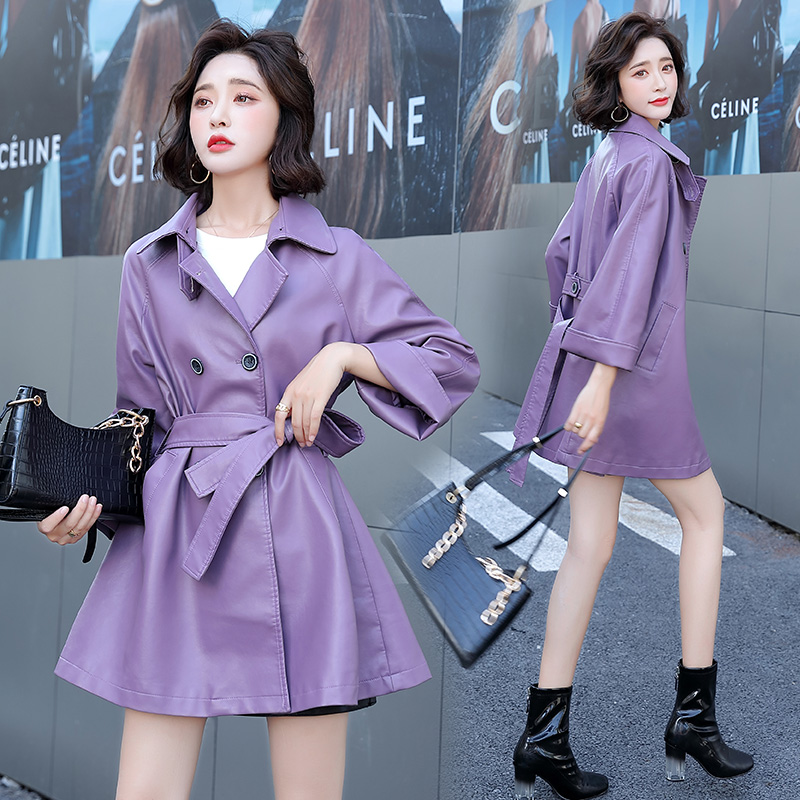 紫色皮衣 小个子韩版皮衣外套2022年新款黑色系带双排扣PU紫色风衣女中长款_推荐淘宝好看的紫色皮衣
