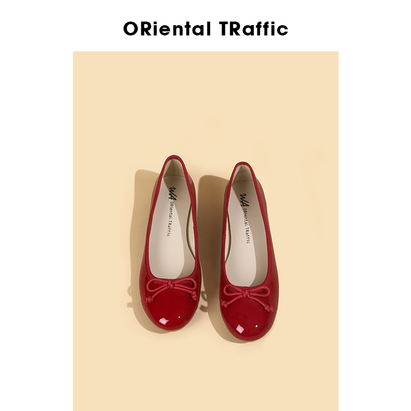 红色平底鞋 ORTR蝴蝶结复古小红鞋低跟软底芭蕾舞鞋漆皮浅口红色平底单鞋女_推荐淘宝好看的红色平底鞋