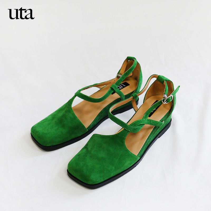 绿色坡跟鞋 uta 绿色小坡跟复古法式设计师低跟方头扣带增高手工真皮女单鞋_推荐淘宝好看的绿色坡跟鞋