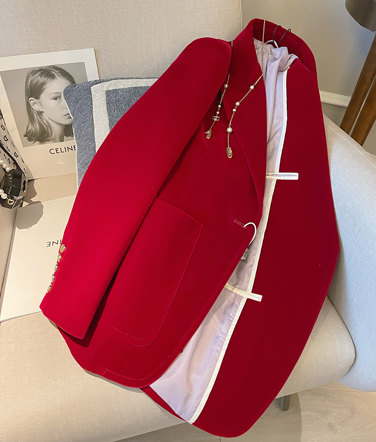 红色小西装 2022秋装新款红色丝绒金扣小西装外套女高端定制时髦气质西服_推荐淘宝好看的红色小西装