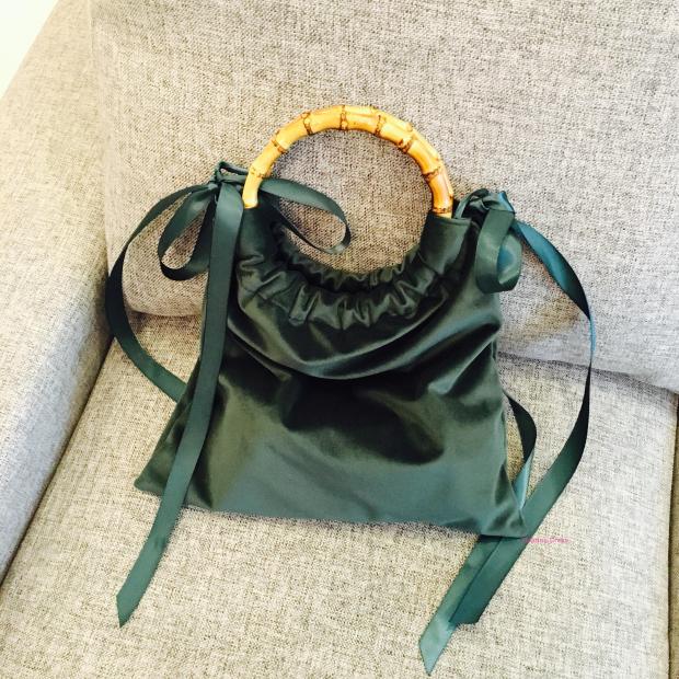 绿色手提包 文艺复古日本丝带丝绒竹节手提小包 新款墨绿色 可加肩带斜挎_推荐淘宝好看的绿色手提包